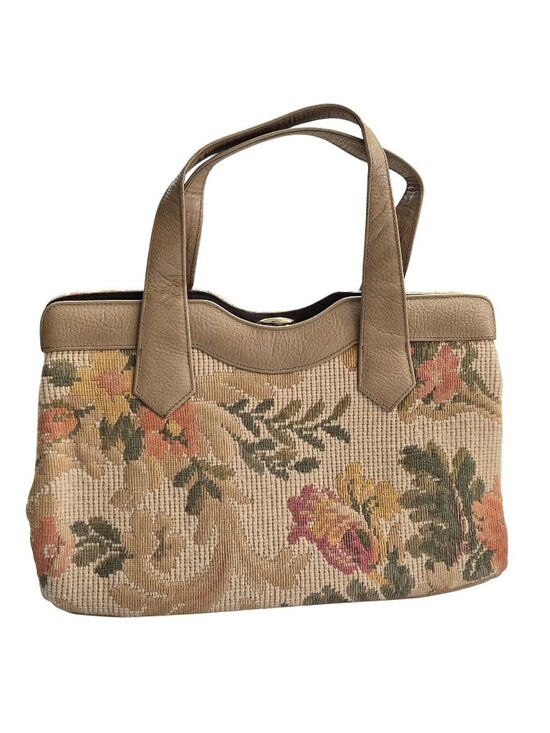 Rolfs Handbags - Vintage Rolfs Floral Tapestry & Faux Leather Handbag With Gold-Tone Accents